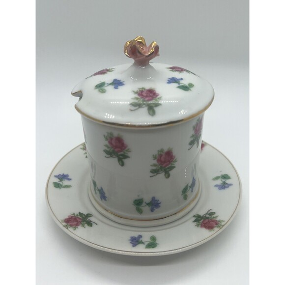 Unbranded Other - Vtg. White Porcelain Blue Pink Roses Jam Jar Sugar Bowl & Lid Floral UndePlate